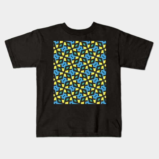 Crazy Fun Geometric Hexagonal Style Jigsaw Pattern in Blue Yellow Green and Black Kids T-Shirt by innerspectrum